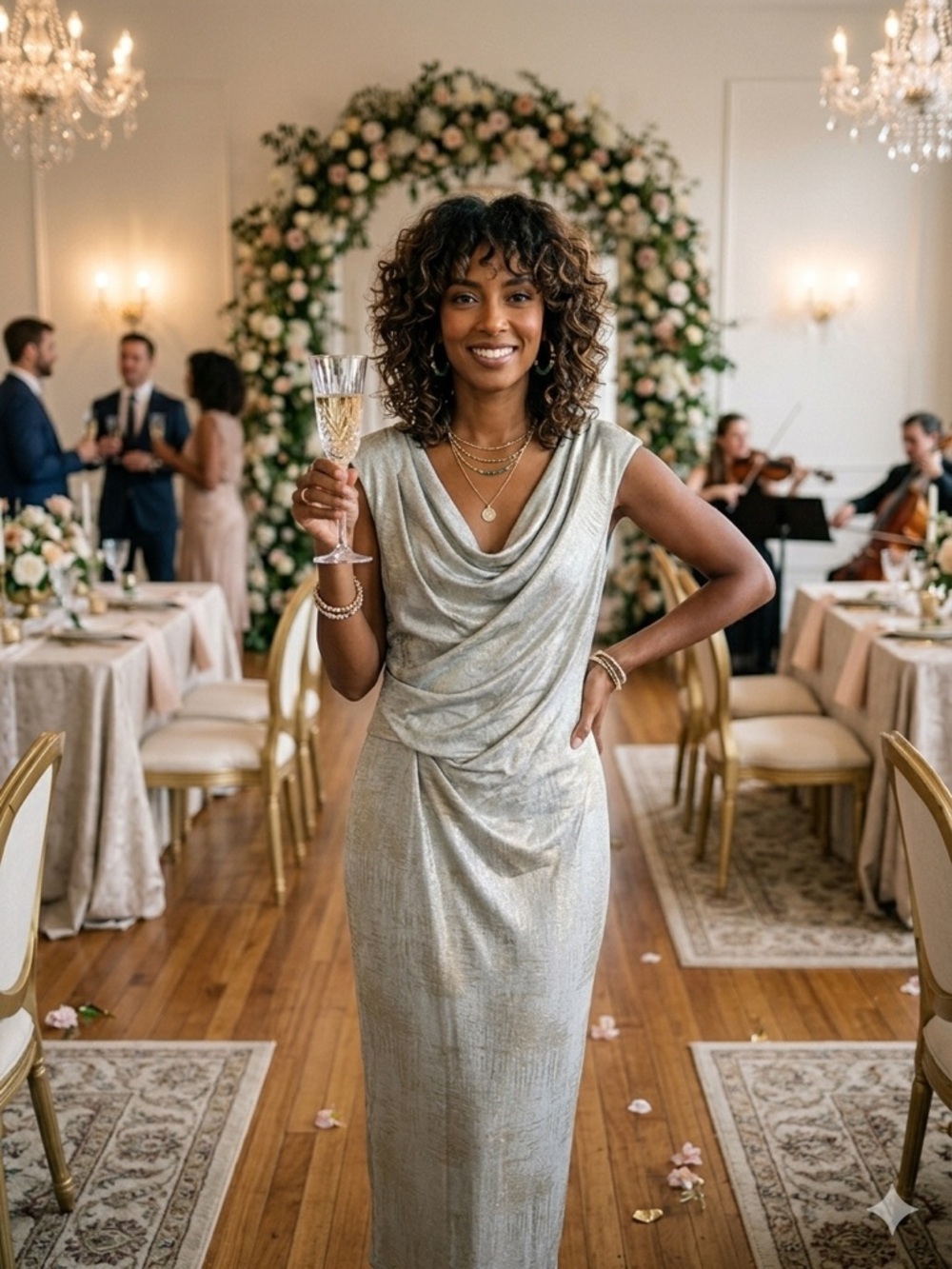 connected apparel Metallic Silver Cowl-Neck Maxi Dress